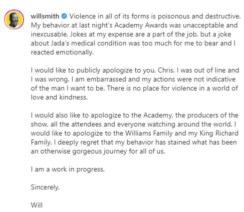 Will Smith publicly apologises to Chris Rock